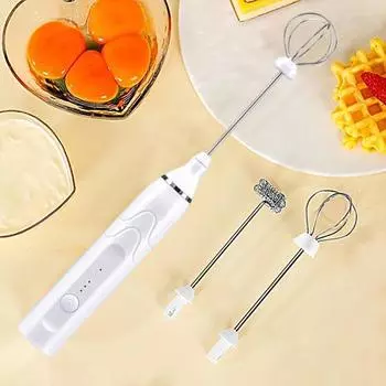 Электрический взбиватель для яиц, ручной перезаряжаемый венчик для взбивания сливок, 3-скоростной регулируемый блендер для приготовления пены с 2 венчиками из нержавеющей стали для кофе, молока, капучино белый