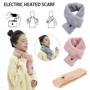 Электрический зимний теплый шарф с подогревом из искусственного меха кролика, перезаряжаемый через USB, с контролем температуры, нагревающийся шейный платок, шарф для женщин розовый