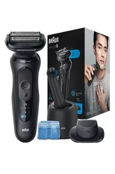 Электробритва Braun серии 5 с чистящей машинкой, электрическая бритва для мужчин, черный алый триммер, водонепроницаемый дизайн, перезаряжаемый, беспроводной, глубокий захват чёрный