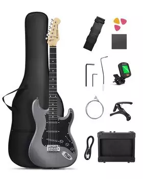 Электрогитара Donner для начинающих, звукосниматель ST типа SSS, 39 дюймов, полноразмерный, с мини-усилителем, специальным кейсом и набором из 9 аксессуаров, в том числе