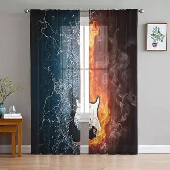 Электрогитара Вода Огонь Обработка окна Тюль Современные прозрачные шторы для кухни Гостиная Спальня Шторы Украшения W135 x H114cm