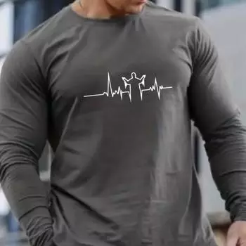 Электрокардиограмма Принт Мужские футболки Длинные рукава Футболки Круглый вырез Повседневный свитер Мужская одежда Большие размеры XS белый