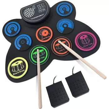 Электронная ударная установка, 9 барабанных пэдов. Складной барабанный пэд. Перезаряжаемый встроенный динамик. Барабанные палочки. Ножные педали. Время воспроизведения: 10 часов.