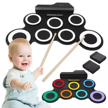 Электронная ударная установка. Научитесь играть в рулонном цифровом музыкальном пэде с 2 барабанными палочками. 2 педали. Тихий барабанный пэд для детей. CHINA