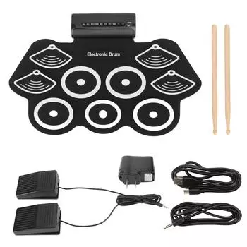 Электронная ударная установка Roll Up Practice Pad Midi Kit с педалями и палочками в подарок для детей 100?Вилка 240 В, США