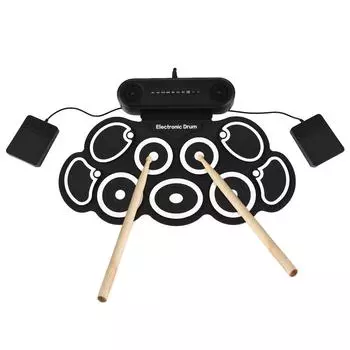 Электронная ударная установка с двумя динамиками Roll-Up Drum Pad 9 Pads поддерживает BT MIDI Различные аудио чёрный