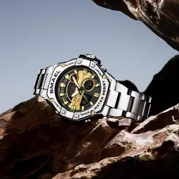 Электронные часы с двумя дисплеями и стальной полосой, водонепроницаемые, многофункциональные, с будильником