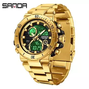 Электронные часы SANDA с двойным дисплеем Trend Sports со стальным ремешком и водонепроницаемыми электронными часами