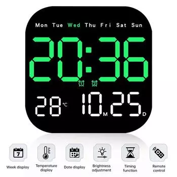 Электронные цифровые настенные часы с дисплеем температуры, даты и недели, настольные часы 12/24 ч., настенные светодиодные часы-будильник с дистанционным управлением зелёный