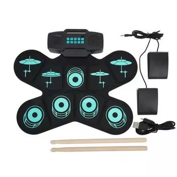 Электронный барабанный пэд для практики с мощными двойными басами для барабанов для взрослых, эффектом ролл-ап, встроенными динамиками, для начинающих,