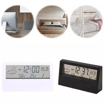 Электронный будильник с погодным дисплеем Электрический настольный будильник с ЖК-дисплеем Время Дата Календарь Работает от батареек для гостиной и спальни чёрный
