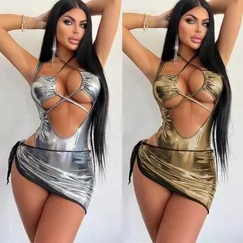 Электронный музыкальный фестиваль цельный комплект с юбкой-солнце с открытыми бедрами сексуальный легкий и зрелый комбинезон Spice Girl на шнуровке S