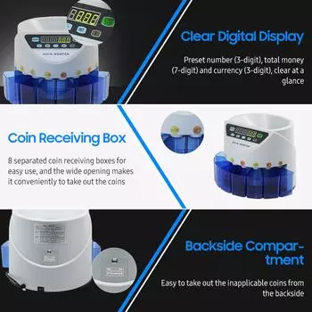 Электронный счетчик монет, сортировщик евро, 300 монет, мини-цифровая автоматическая счетная машина с предустановками/всего чёрный