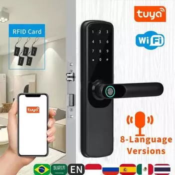 Электронный умный дверной замок Tuya Wifi с биометрическим отпечатком пальца / смарт-картой / паролем / разблокировкой ключа / аварийной зарядкой через USB