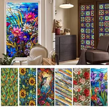 Электростатическая стеклянная наклейка с подсолнечником, красочный винтажный узор, ПВХ-нашивка