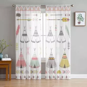 Элементы палаток-типи в этническом стиле, тюлевые шторы для украшения гостиной, современная вуаль, шифоновые шторы для спальни, прозрачная вуаль 135W x 114H(cm)