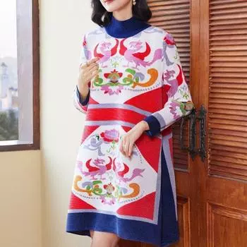 Элитное платье с длинными рукавами, новый стиль для мам, чтобы уменьшить возраст, стильные складки. M синий