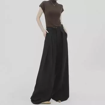 Элитные женские черные широкие брюки с высокой талией и драпировкой на лето 2025 года S