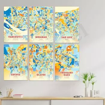 Элизабет. Олате. Кукута. улица. Луи. Мирамар. Кэрроллтон. Мескитовый. Онтарио. Уоррен. Торнтон. Ванкувер. Плакат с цветной картой города 21cm30cm NoFrame