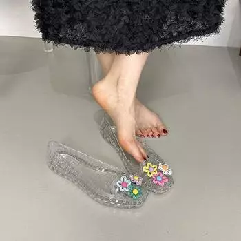 Jelly shoes women s new shallow single shoes crystal shoes square head cool slippers lazy one pedal adult 36