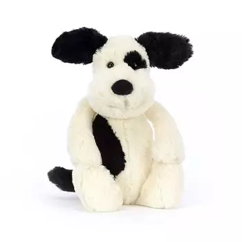 Jellycat Bashful Puppy M плюшевая собака сидящая высота 20 см черный кремовый и