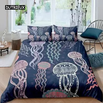 Jellyfish Duvet Cover Ocean Nautical Comforter Cover Hawaii Beach Bedding Set Microfiber Sea Animal Coral Queen King Quilt Cover 150x200cm 3pcs