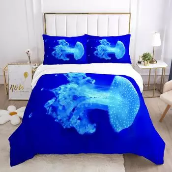 Jellyfish Duvet Cover Set Blue Sea Wild Animals Theme King Queen Size for Kids Teens Adult Polyester Bedding Set with Pillowcase 70x133cm 2pcs
