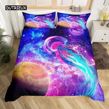 Jellyfish Duvet Cover Set Purple Galaxy Glowing Jellyfish Bedding Set Universe and Sea Creatures 2/3pcs Comforter Cover for Kids US Queen(228x228cm)
