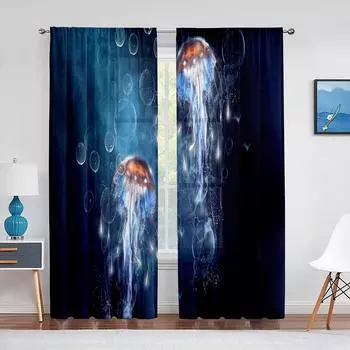 Jellyfish In The Deep Ocean Window Tulle Curtains Foamy Dreamy Blue Ocean Sheer Voile Curtain for Living Room Bedroom Decoration 1 PCS W100XH250cm&Rod Pocket