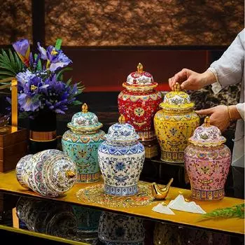 Эмаль банка для имбиря Керамическая банка общего назначения Главная Ретро Керамическая конфета Орехи Кофейный порошок Запечатанная банка Настольные украшения Керамическая ваза