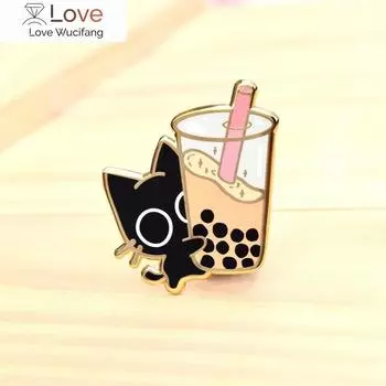 Эмалевая булавка Boba Cat //Черный кот, кавайная булавка, милая булавка, Bubble Tea, булавка Boba, булавки, сладости