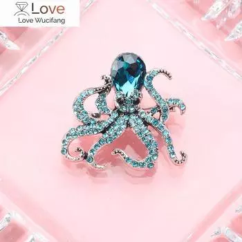 Эмалевая булавка в виде осьминога, синие стразы, броши в виде осьминога, булавки для женщин и мужчин, милые украшения из морских животных и кристаллов, аксессуары для подарков