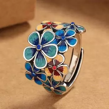 Эмалевое цветочное кольцо для женщин, атмосферное ретро-этническое кольцо с регулируемым отверстием для указательного пальца, изысканное сверкающее кольцо, ювелирное изделие
