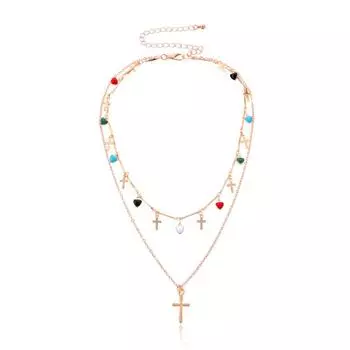 Эмалевое Сердце Крест Подвеска Ожерелье Красочный Драгоценный Камень Многослойная Цепь Кисточка Капля Ювелирные Изделия Женская Мода Подарок Аксессуар золотой