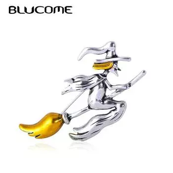 Эмалированная брошь Blucome Flight Witch Riding A Broom, волшебный подарок на Хэллоуин, высокое качество, желтая брошь в виде шляпы для волос, женские аксессуары серебряный