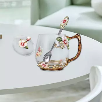 Эмалированная чашка для чая со стеклянной крышкой и ложкой на День матери для девочек и влюбленных Подарки M