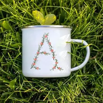 Эмалированная чашка с цветочным алфавитом и ручкой для кемпинга, кружки для кофе и чая, праздничные кружки для дня рождения, кемпинга, костра, лучшие оригинальные и забавные подарки 360ml