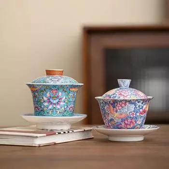 Эмалированная цветная чашка для чая Санцай Гайвань, китайская расписная чаша для чая Кунг-фу, керамическая одинарная миска для церемоний домашнего обихода, ароматизированная, 150 мл 150ml фиолетовый