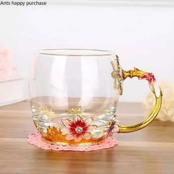 Эмалированная цветочная чашка для чая, домашняя чашка для воды, кофейная чашка для гостиной, хрустальная стеклянная чашка для чая с крышкой и ложкой, ручная посуда для напитков 201-300ml