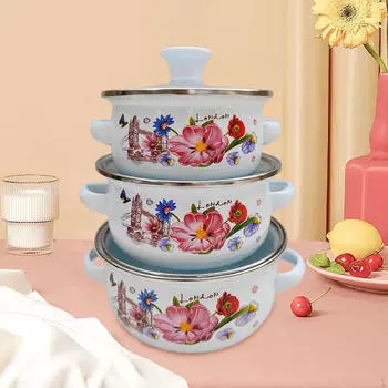 Эмалированная кастрюля из 3 предметов, цветочный дизайн и ручки, для тушения фасоли, глубокого супа A