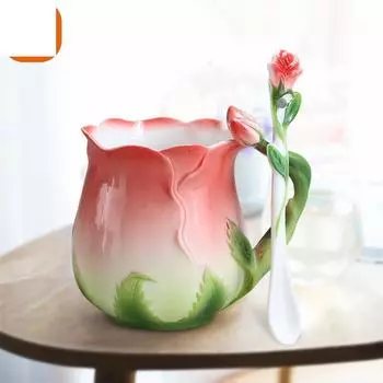 Эмалированная керамическая кофейная кружка в европейском стиле, креативная 3D чашка в форме цветка розы, пасторальная, 4 цвета, чашки для молока для завтрака с ложкой красный