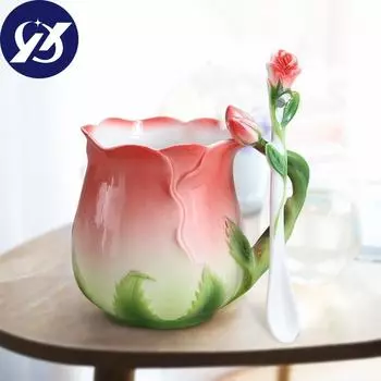 Эмалированная керамическая кофейная кружка в европейском стиле, креативная 3D чашка в форме цветка розы, пасторальная, 4 цвета, чашки для молока для завтрака с ложкой красный