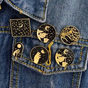 Эмалированная круглая ретро-лунная звезда, кинжал, аксессуар для вечеринки, джинсовая куртка, брошь, булавка 9#