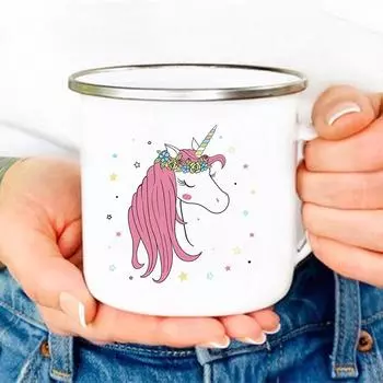 Эмалированная кружка Милая мультяшная кружка с принтом единорога Креативная кружка для воды, сока, напитка, чашки, персонализированные подарки, кофейные кружки, кружки для друзей 360ml