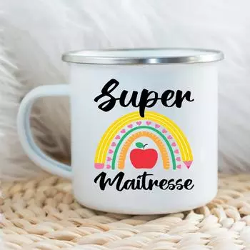 Эмалированная кружка Super Maitresse, идея подарка для любителя кофе, оригинальные подарки учителю, подарок на конец учебного года, сюрприз для учителя 360ml