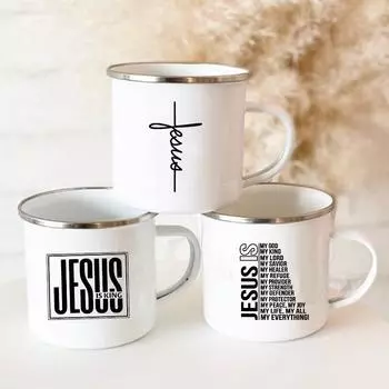 Эмалированные кружки с принтом «Иисус — Бог», христианские креативные кофейные чашки, напитки, десерт, завтрак, молочная кружка, винтажная ручка, посуда для питья, подарок 360ml