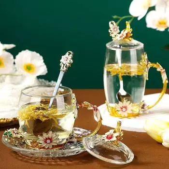 Эмалированные стеклянные кружки для кофе с цветочным узором, винтажный набор чашек для чая с цветочным узором, необычный набор тарелок для чая с чашкой, друзья Hight Cup