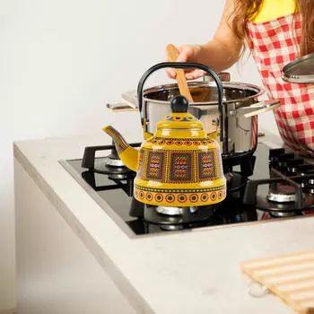 Эмалированный старинный колокольчик, чайник с защитой от ожогов с ручкой для воды для дома, желтый