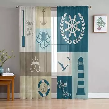 Эмблема маяка якоря чайка осьминог прозрачные шторы для гостиной украшения оконные шторы кухонные тюль вуаль шторы W135 x H115cm x1