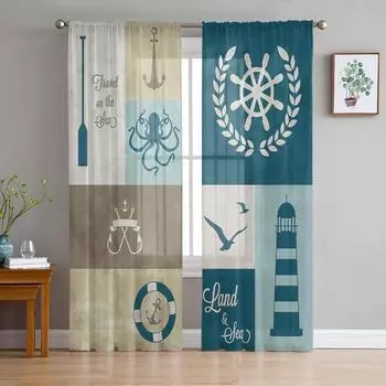 Эмблема маяка якоря чайка осьминог прозрачные шторы для гостиной украшения оконные шторы кухонные тюль вуаль шторы W135 x H115cm x1